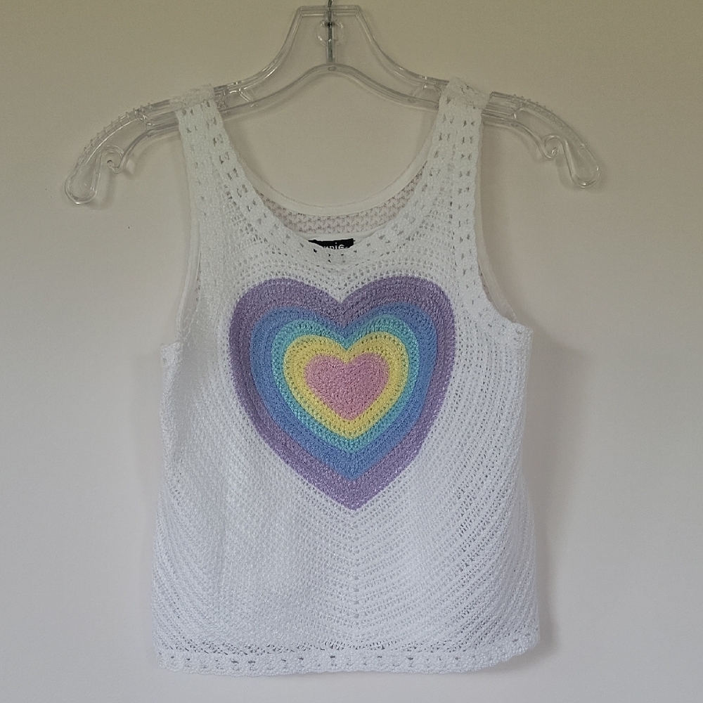 Zunie 2 Piece Girls Sz 12 Crochet Sleeveless Sweater, White with Rainbow Heart